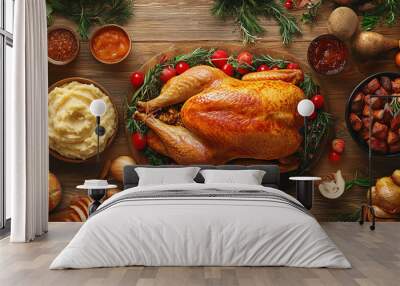 A festive Thanksgiving table spread featuring roasted turkey, mashed potato, and seasonal decorations with colorful vegetables. Wall mural