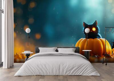 A magical black cat with glowing eyes perched on a pumpkin, surrounded by autumn leaves and a mystical blue background. Wall mural