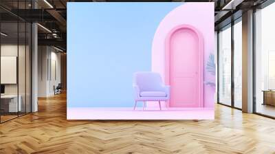 A modern pastel interior featuring a stylish chair, pink door, and decorative plant, perfect for contemporary design concepts. Wall mural