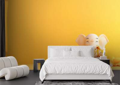 A serene elephant figurine reading a book, set against a warm yellow background, symbolizing knowledge and tranquility. Wall mural