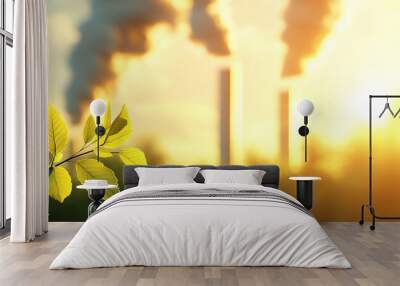 A serene view of green leaves contrasted against industrial smoke and sunlight, highlighting the conflict between nature and pollution. Wall mural