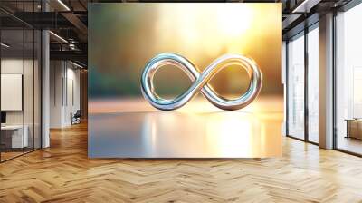 A sleek, metallic infinity symbol illuminated by a warm sunset, representing endless possibilities and eternal love. Wall mural