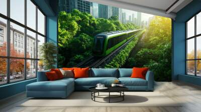 A vibrant train travels through lush greenery, merging city life with nature under a bright sunlit sky. Wall mural