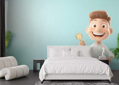 Cheerful cartoon character holding a golden key, symbolizing opportunities and success in a modern, bright interior setting. Wall mural