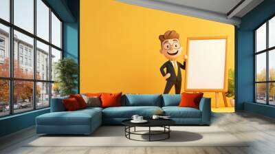 Cheerful cartoon character standing next to a blank easel, perfect for presentations or teaching concepts in a vibrant setting. Wall mural