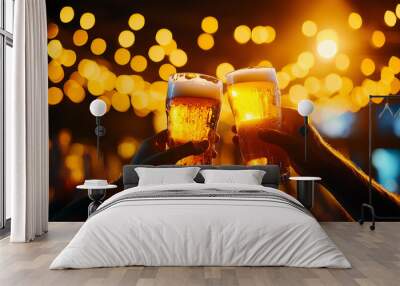 Cheers to good times! Two glasses of beer clink together against a backdrop of warm lights, celebrating friendship and joy. Wall mural