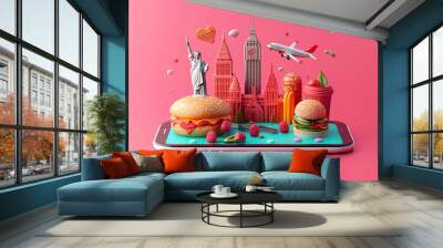 Colorful 3D illustration of iconic landmarks and fast food on a smartphone, celebrating urban culture and travel. Wall mural