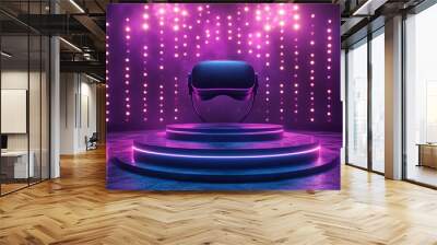 Futuristic virtual reality headset on illuminated platform surrounded by vibrant lights, showcasing technology and innovation. Wall mural