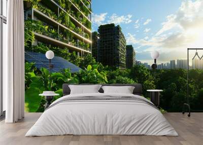 Urban landscape with green buildings, solar panels, and nature integration during sunset, showcasing sustainable living. Wall mural