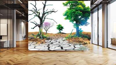 A barren and cracked earth with one green tree in the distance Wall mural