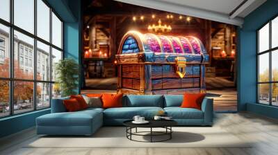 A beautifully crafted wooden treasure chest filled with glowing gems, set in a rustic, candlelit tavern environment. Wall mural