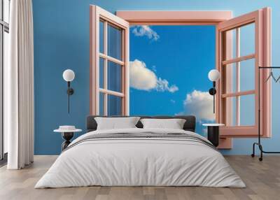 A beautifully opened window reveals a bright blue sky with fluffy white clouds, inviting fresh air and natural light into the room. Wall mural