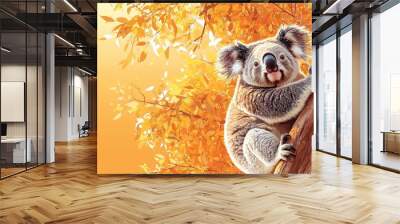 A cute koala perched on a tree, surrounded by vibrant autumn leaves. Wall mural