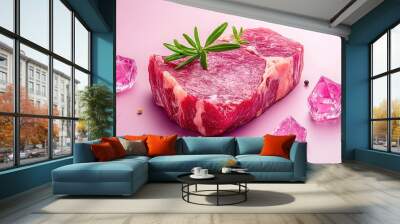 A fresh cut of beef steak garnished with rosemary and surrounded by colorful crystals on a pink background. Wall mural