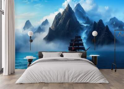 A majestic ship navigates through misty waters, surrounded by towering mountains and a mystical atmosphere. Wall mural