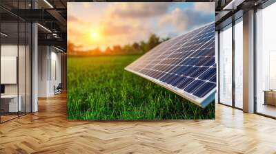 A solar panel in a green field under a bright sunset, showcasing renewable energy and sustainable technology. Wall mural