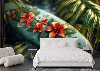 A surfboard adorned with tropical flower decals, ready to ride the ocean's rhythm. Wall mural