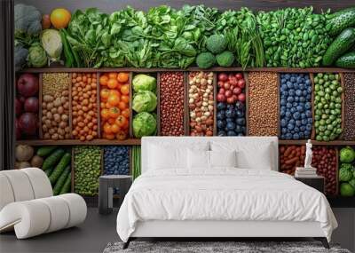 A vibrant arrangement of fresh fruits and vegetables showcasing various colors and textures, perfect for healthy lifestyle themes. Wall mural