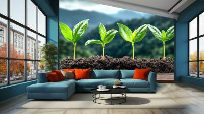 A vibrant scene of young plants growing in rich soil, symbolizing growth and the promise of nature's beauty. Wall mural