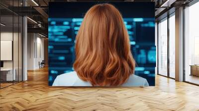 A woman with long red hair gazes at a series of digital screens filled with data and graphs in a modern tech environment. Wall mural