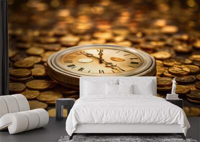 Clocks and golden coin, Time value wealth concept Wall mural