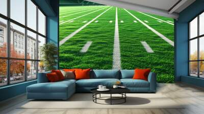 close-up of a American football field with yard lines and grass texture, and a goalpost in the distance under bright stadium lights Wall mural