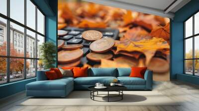 Close-up of a calculator covered with autumn leaves and scattered coins, symbolizing fall budgeting and financial planning. Wall mural