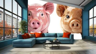 Close-up of two adorable ceramic pig figurines with detailed features, one pink and one brown, isolated on white background. Wall mural