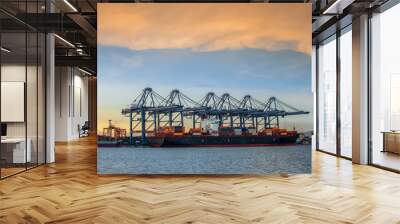 Container Cargo freight ship with working Wall mural