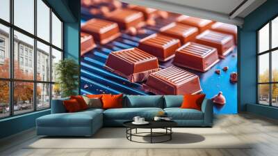 Delicious chocolate bars arranged on a blue surface, showcasing tempting textures and rich colors. Wall mural