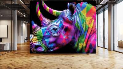 Exotic animals Rhinoceros roam radical, colorful fields, a fantastical vision grounded in realism Wall mural