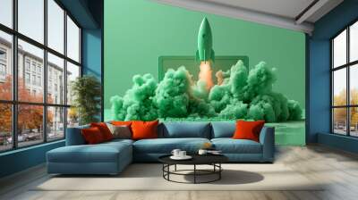 green rocket launches from a laptop screen, with big green smoke clouds around it. It looks like a successful start on a green background Wall mural