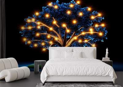 Illuminated tree with glowing lights against a dark background, creating a magical and enchanting atmosphere. Wall mural