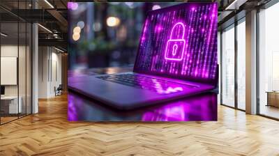 Laptop with purple padlock symbolising data security and privacy. Wall mural