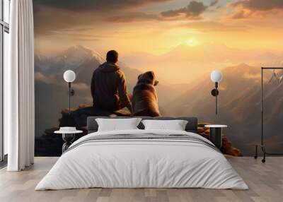 man and his dog travel sitting on a mountain top at sunset with golden sunlight Wall mural