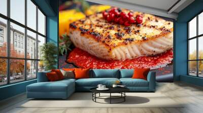 perfectly grilled white fish fillet topped with red peppercorns, lying on a bed of vibrant red sauce, beside fresh rosemary and yellow cubes Wall mural