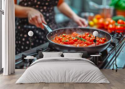 person is cooking tomato sauce with herbs in a frying pan on a stove, with tomatoes and kitchen items in the background Wall mural