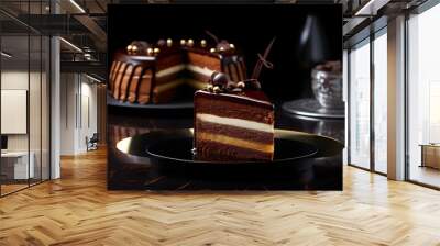 Piece of Luxury chocolate cake on black plate Wall mural