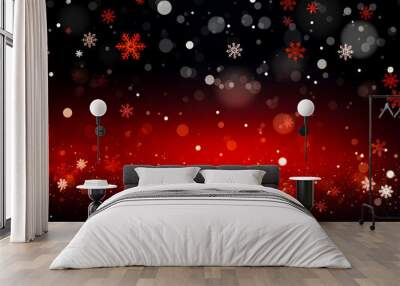 Red and black background with white snowflakes. Glowing circles, festive mood. Snowfall with different snowflake designs Wall mural