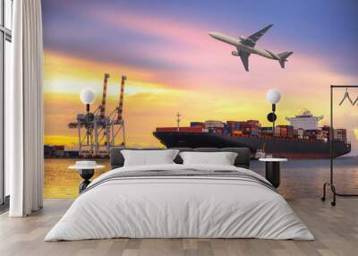 Ship for container with working crane bridge in shipyard for Logistic Import Export background Wall mural