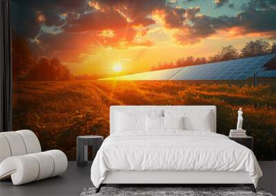 Solar panels (solar cell) in solar farm with sun lighting to create the clean electric power. Generative ai	 Wall mural