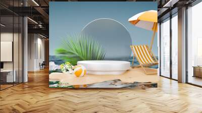 summer background 3d product display platform scene with surfboard platform. sky cloud summer background 3d render on the ocean display. podium on sand beach cosmetic product display stand Wall mural