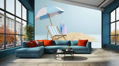 summer background 3d product display platform scene with surfboard platform. sky cloud summer background 3d render on the ocean display. podium on sand beach cosmetic product display stand Wall mural