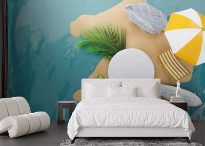 summer background top view 3d product display platform scene with surfboard platform. sky cloud summer background 3d render on the ocean display. podium on sand beach cosmetic product display stand Wall mural