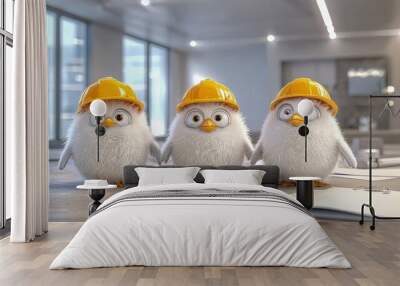 Three adorable cartoon birds wearing yellow hard hats, ready for a construction project in a bright office space. Wall mural