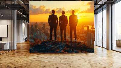 Three businessmen stand on a hilltop, looking out over a city bathed in the glow of a sunset. Wall mural