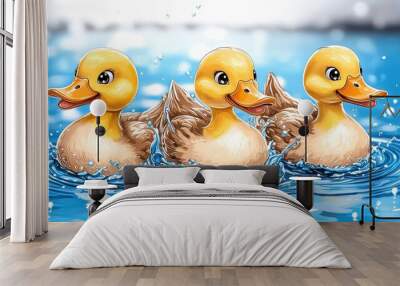 Three cheerful cartoon ducks swimming playfully in a sparkling blue pool, capturing the essence of fun and joy in nature. Wall mural