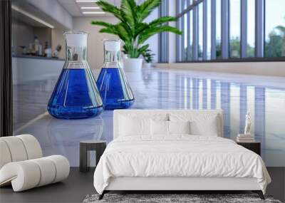 Two blue laboratory flasks on a sleek marble countertop in a modern workspace surrounded by greenery. Wall mural