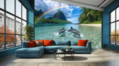 Two dolphins playfully swim in crystal-clear water under a vibrant rainbow, framed by lush palm trees and a stunning mountain backdrop. Wall mural