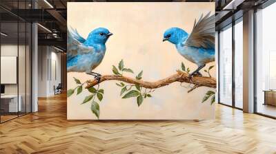 Two vibrant blue birds perched on a branch, showcasing their wings. A beautiful depiction of nature and wildlife in harmony. Wall mural